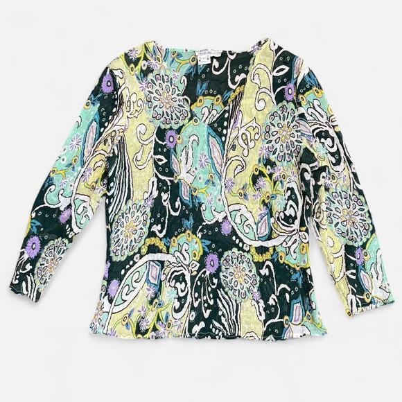 VTG 90s/Y2K Alberto Makali Green Multicolor Crinkle Sequin Whimsy 3/4 Sleeve Top - Picture 6 of 8